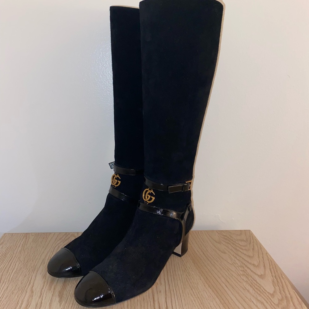 Gucci Geraldine Suede Patent GG Knee High Boot - Picture 2 of 10